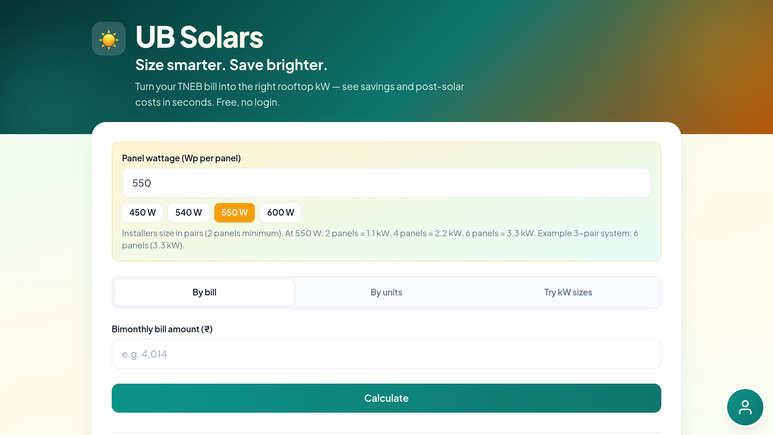 Website preview of UB Solars KW Calculator
